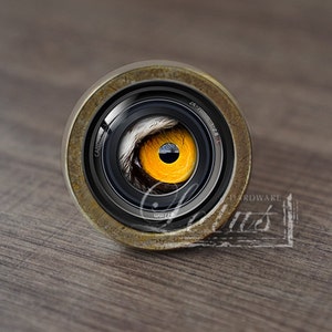 Puede incluir: Primer plano de un objetivo de cámara con un ojo amarillo mirando a través de él. El objetivo está rodeado por un anillo de color latón.