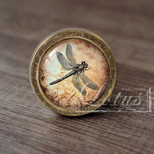 May include: A round, brass-colored cabinet knob with a glass insert featuring a dragonfly on a vintage-style background.