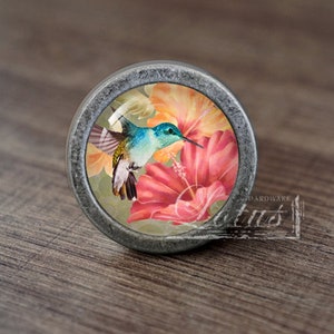 May include: A round, silver-toned cabinet knob with a colorful image of a hummingbird hovering near a pink hibiscus flower.