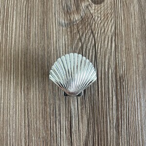 May include: Silver seashell-shaped cabinet knob with a detailed design.