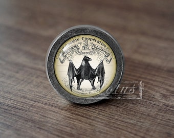 May include: A silver knob with a black bat and the text "Societe Cooperative Pharmacies Populaires Liegeoises Rue Leonard, Pharmacien, Amercoeur, 71" on a cream background.