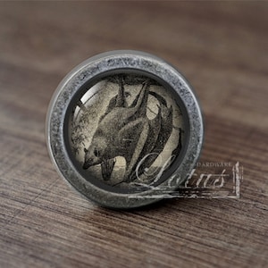 May include: A silver knob featuring a vintage illustration of a bat hanging upside down. The knob has a raised edge and a smooth, slightly textured surface.