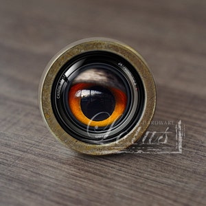 Puede incluir: Un primer plano de un pomo de lente de cámara redondo de color latón con un diseño de ojo realista. El ojo es naranja y marrón con una pupila negra y un reflejo de un cielo nublado. La lente está etiquetada como "Canon" y "24-105mm 1:4 L IS USM".