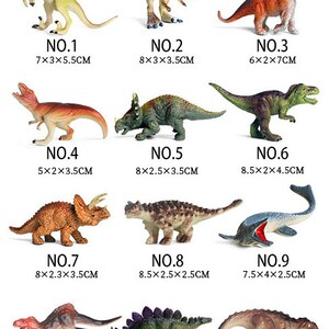 May include: Twelve dinosaur models in different colours and poses are displayed. Each figure is numbered and has measurements in centimetres. The collection includes a T-Rex, Stegosaurus, and Triceratops.