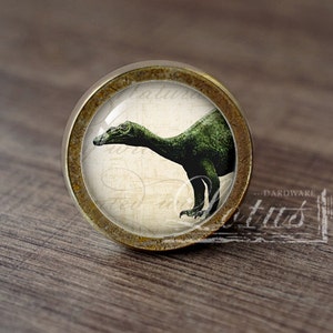 May include: A round, brass-colored cabinet knob with a glass insert featuring a vintage illustration of a green dinosaur on a cream background.