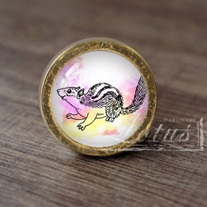 May include: A round, gold-colored cabinet knob with a white background and a black and white illustration of a chipmunk on a pink and yellow watercolor background.