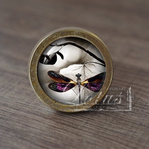 Könnte beinhalten: Runder Schrankknopf mit Bronze-Finish. Er zeigt ein Schwarz-Weiß-Bild einer Libelle mit lila und orangefarbenen Flügeln, vor dem Hintergrund von Blättern. Der Knopf befindet sich auf einer Holzoberfläche.