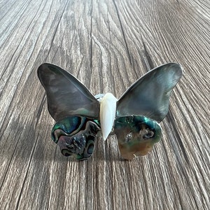 May include: A decorative butterfly-shaped object made of iridescent abalone shell with a white mother-of-pearl center.