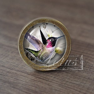 Puede incluir: Un pomo de armario redondo de color latón con un inserto de vidrio que presenta un colibrí en vuelo. El colibrí es verde, morado y rosa con un pico largo. El fondo es blanco con una imagen borrosa de flores blancas.
