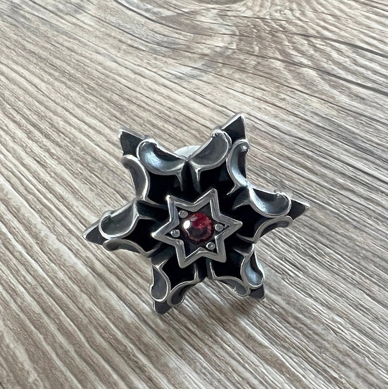 Puede incluir: Un colgante de estrella de seis puntas de plata con una piedra preciosa roja en el centro. La estrella tiene detalles intrincados y un acabado negro.