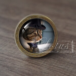 May include: A round, brass-coloured cabinet knob with a glass insert featuring a cat wearing a top hat and bow tie. The cat has brown and white fur and is looking to the right.