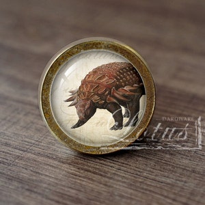 May include: A round, brass-colored cabinet knob with a glass insert featuring a detailed illustration of a brown and red dinosaur with a spiky back.