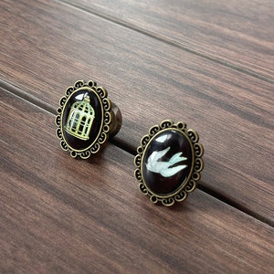 May include: A pair of bronze ear gauges with an ornate design. One gauge features a black background with a white bird in flight. The other gauge features a black background with a white birdcage.