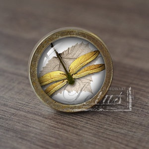 Könnte beinhalten: Ein runder, messingfarbener Schrankknopf mit einem Glaseinsatz, der eine gelbe Libelle auf einem Blatt zeigt. Der Knopf hat eine patinierte Oberfläche.