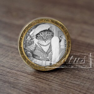 May include: A round, brass-colored cabinet knob with a black and white image of a cat wearing a hat and a plaid dress. The cat is looking directly at the viewer.