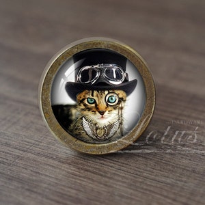 May include: A round, brass-coloured cabinet knob with a glass insert featuring a cat wearing a top hat and goggles. The cat has green eyes and a gold chain around its neck.