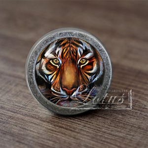 Puede incluir: Un pomo de armario redondo de color plateado con un inserto de vidrio que presenta una imagen de primer plano de la cara de un tigre. La piel del tigre es naranja, negra y blanca.