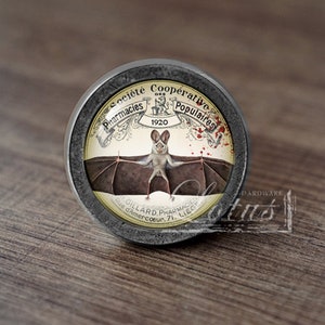 May include: A round, antique-style cabinet knob with a bat illustration. The knob features text in French, including "Société Coopérative Populaires Pharmacies 1920." The bat has outstretched wings and is centered on the knob.