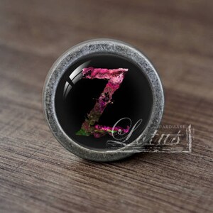 Può includere: Un pomello argentato con sfondo nero e una lettera Z floreale rosa.