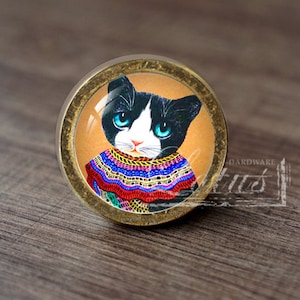 Może przedstawiać: Okrągła gałka do szafki z ilustracją czarno-białego kota z niebieskimi oczami. Kot ma na sobie kolorowy sweter. Gałka ma brązową metalową obwódkę i przezroczystą szklaną osłonę.