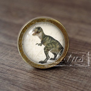 Op de afbeelding: Een ronde, messingkleurige kastknop met een glazen inzetstuk met een vintage illustratie van een groene Tyrannosaurus Rex-dinosaurus. De knop heeft een verweerde afwerking en een witte achtergrond met vervaagde tekst.