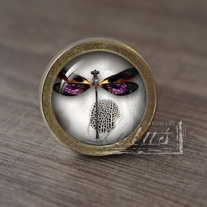 Könnte beinhalten: Ein runder, messingfarbener Schrankknopf mit einem Glaseinsatz, der eine lila und schwarze Libelle auf weißem Hintergrund zeigt.