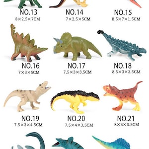 May include: A selection of plastic dinosaur toys in various colours and designs. The set includes different species, with measurements in centimetres, such as a green Brachiosaurus (8 x 2.5 x 7cm) and a blue Spinosaurus (8.5 x 3.5 x 4.5cm).