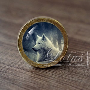 Può includere: Un pomello per armadio rotondo in ottone con un inserto in vetro che presenta un lupo bianco in un ambiente boschivo innevato.