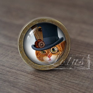 Peut inclure: Un bouton rond en laiton avec un insert en verre représentant un chat portant un haut-de-forme bleu avec une plume et un monocle. Le chat a une fourrure orange et des yeux verts.