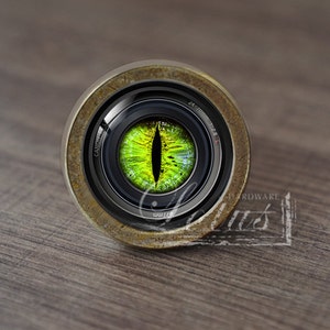 Puede incluir: Primer plano de un objetivo de cámara con un diseño de ojo verde. El objetivo está rodeado por un anillo de color latón y está sentado sobre una superficie de madera.