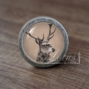 Puede incluir: Un pomo de armario redondo de color plateado con un inserto de vidrio que presenta una ilustración en blanco y negro de una cabeza de ciervo con cuernos.