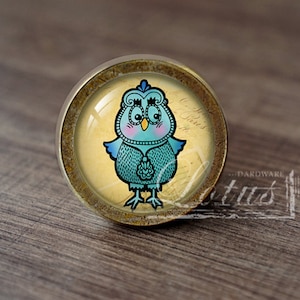 May include: A round, brass-colored cabinet knob with a glass insert featuring a cartoon blue owl with a yellow beak and pink cheeks. The owl is wearing a blue and white patterned dress. The background is a yellowed, vintage-looking paper with faded writing.