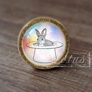 以下が含まれることがあります： 水彩画風の背景とシルクハットをかぶったウサギの白黒イラストが描かれたガラス製の円形の金色のノブです。