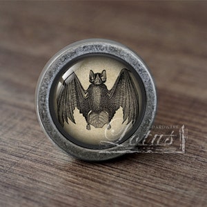 May include: A silver knob with a round, glass face featuring a vintage illustration of a bat with outstretched wings.