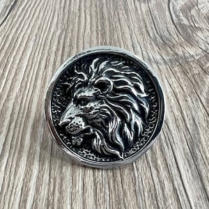 Peut inclure: Un pendentif rond argenté représentant une tête de lion détaillée. La crinière du lion est sculptée avec soin et le pendentif a une surface texturée.