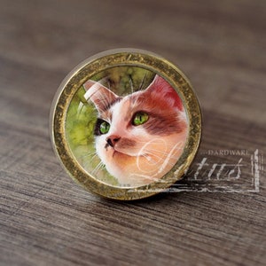Op de afbeelding: Een ronde, messingkleurige kastknop met een glazen inzetstuk met een geschilderd portret van een witte en oranje kat met groene ogen. De kat kijkt naar rechts.
