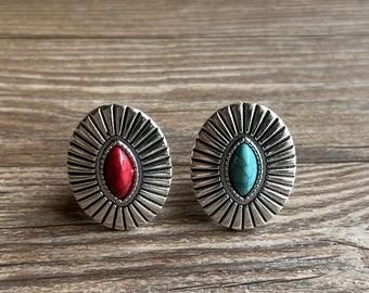 Gałki do szuflad z turkusowego kamienia w kolorze turkusowym - gałki do szafek w stylu retro w kolorze srebrnym z turkusowym kamieniem - duże gałki do szuflad w stylu boho, Z-939