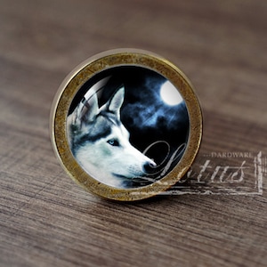 Può includere: Un pomello per armadio rotondo in ottone con un inserto in vetro che presenta un lupo bianco che ulula alla luna. Gli occhi del lupo sono blu e lo sfondo è blu scuro con nuvole bianche.