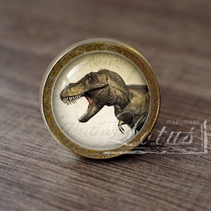 Peut inclure: Un bouton de porte rond en laiton avec un insert en verre représentant une illustration vintage d'un dinosaure Tyrannosaurus Rex la gueule ouverte.