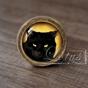 May include: A round, brass-coloured cabinet knob features a black cat with yellow eyes. The cat is looking directly at the viewer.