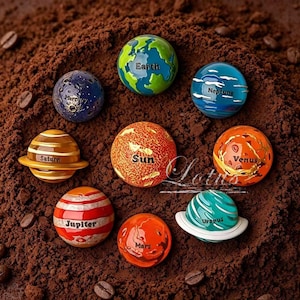 May include: A collection of colorful, spherical planet-shaped objects, including Earth, Neptune, and Saturn, with their names labeled. The planets are arranged on a bed of brown powder, possibly cocoa or coffee grounds, with scattered coffee beans.