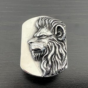 Pode incluir: Um pingente de prata com uma escultura tridimensional detalhada de uma cabe&ccedil;a de le&atilde;o de perfil.