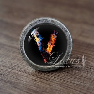 May include: A silver knob with a black background and a colourful abstract design. The design resembles a letter V.