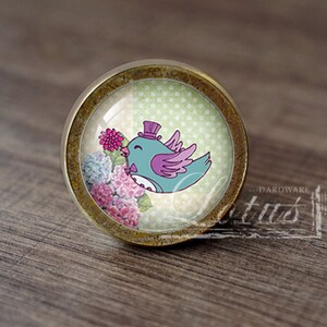 Può includere: Un pomello per armadio rotondo in ottone con un inserto in vetro che presenta un uccello dei cartoni animati con un cappello a cilindro e un papillon, circondato da fiori rosa e viola su uno sfondo verde con pois bianchi.