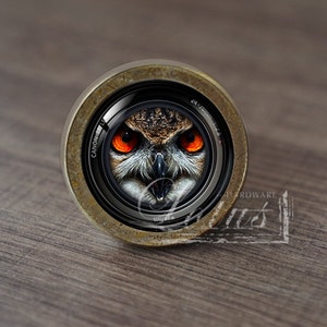 Puede incluir: Pomo de armario decorativo con la cara de un búho dentro de una lente de cámara Canon. El búho tiene ojos de color naranja brillante y plumaje detallado. El pomo tiene un acabado metálico color bronce, sobre una superficie de madera.