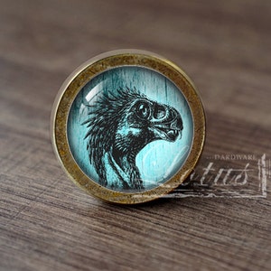 May include: A round, brass-colored cabinet knob with a glass insert featuring a black and white illustration of a dinosaur head on a blue and white background.