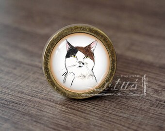 May include: A round, brass-coloured cabinet knob with a white ceramic insert featuring a hand-drawn illustration of a black and white cat with brown markings. The cat is looking directly at the viewer with a slightly annoyed expression.