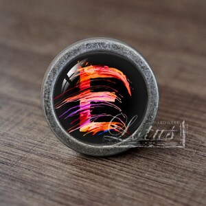 May include: A silver cabinet knob with a black background and a colourful abstract design of the letter "E".