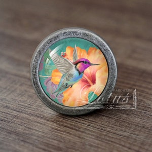 Puede incluir: Un pomo plateado con un inserto de vidrio que presenta un colibrí colorido en vuelo sobre un diseño floral. El colibrí tiene una cabeza rosa, un cuerpo azul y alas verdes. Las flores son naranja y amarillas.