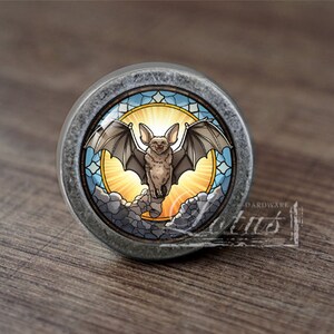 May include: A silver knob with a stained glass design featuring a bat flying in front of a sunburst. The bat is brown with a light brown belly and has a yellow halo around it.